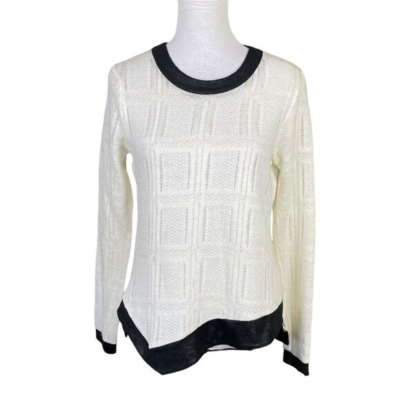 Waverly Grey Cream Thin Open Knit Black Trim Pullover Long Sleeve Sweater - Picture 1 of 11